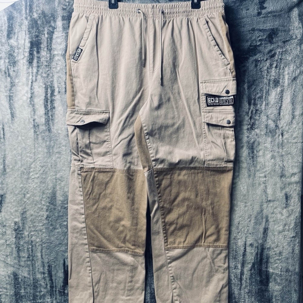 Ecko Unlted Rhino Y2K Baggy Tan Cargo Pants Men's XL Elastic Waist   29 Inseam